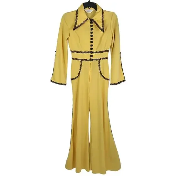 Vintage 70s JCPenney Yellow Bell Bottom Flare Jumpsuit Disco XS - Picture 3 of 9